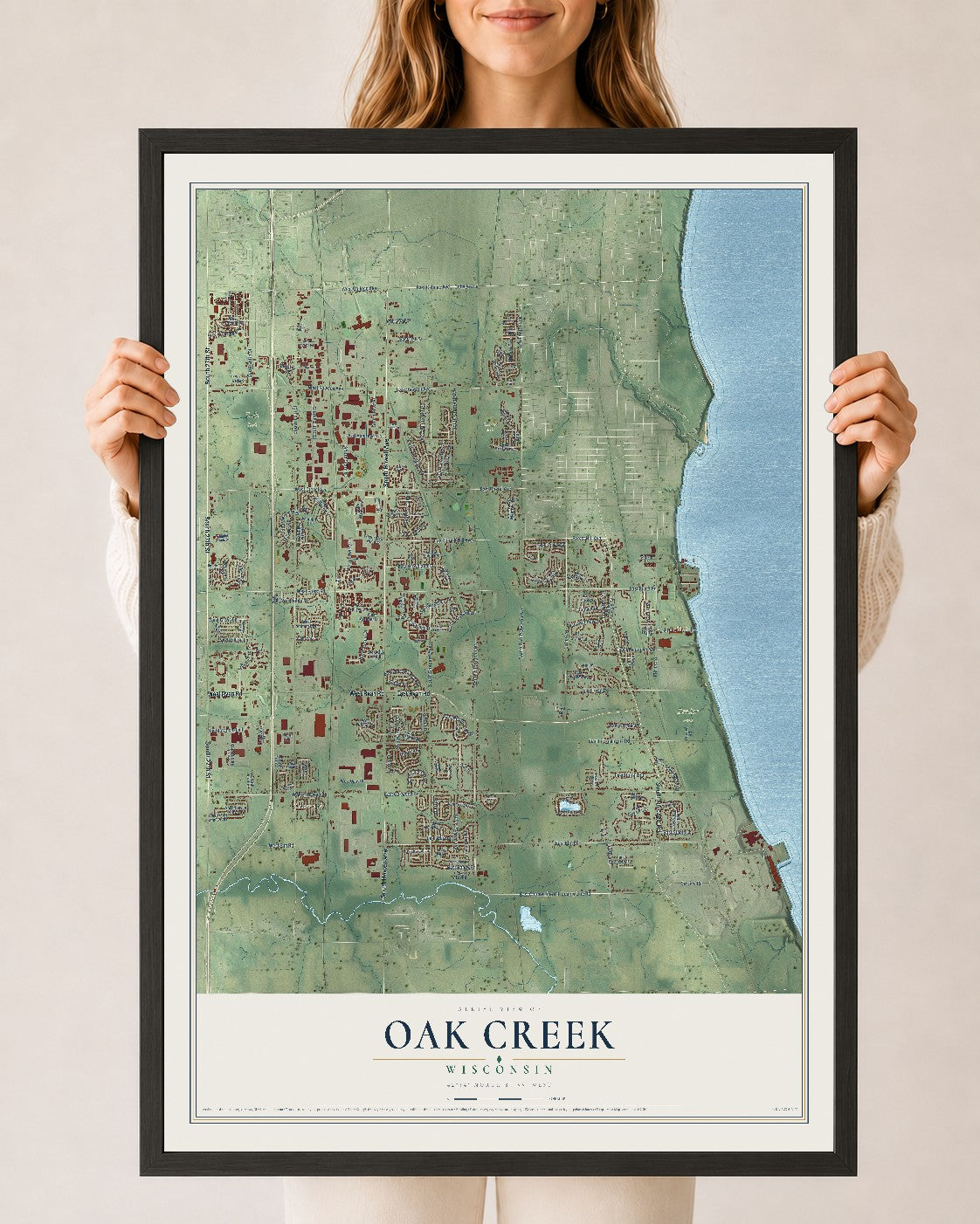 Map of Oak Creek, Wisconsin, 24 x 36 inch print in a black wood frame
