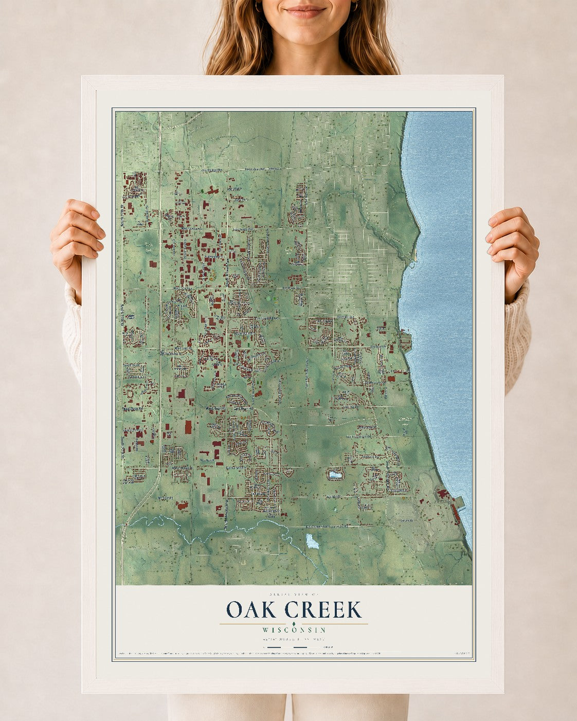 Map of Oak Creek, Wisconsin, 24 x 36 inch print in a white wood frame