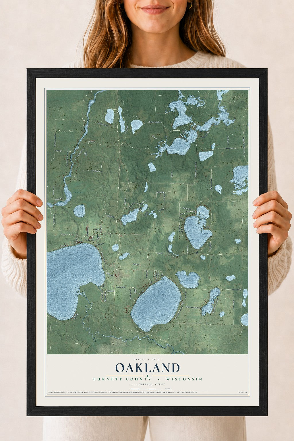 Map of Oakland, Burnett County, Wisconsin, 18 x 24 inch print in a black wood frame