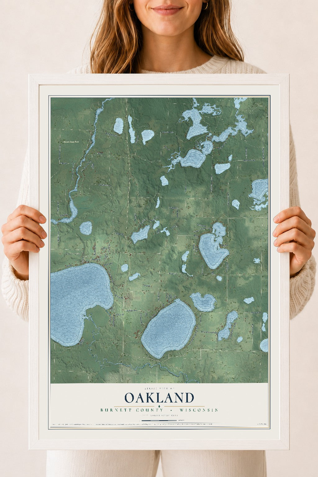 Map of Oakland, Burnett County, Wisconsin, 18 x 24 inch print in a white wood frame