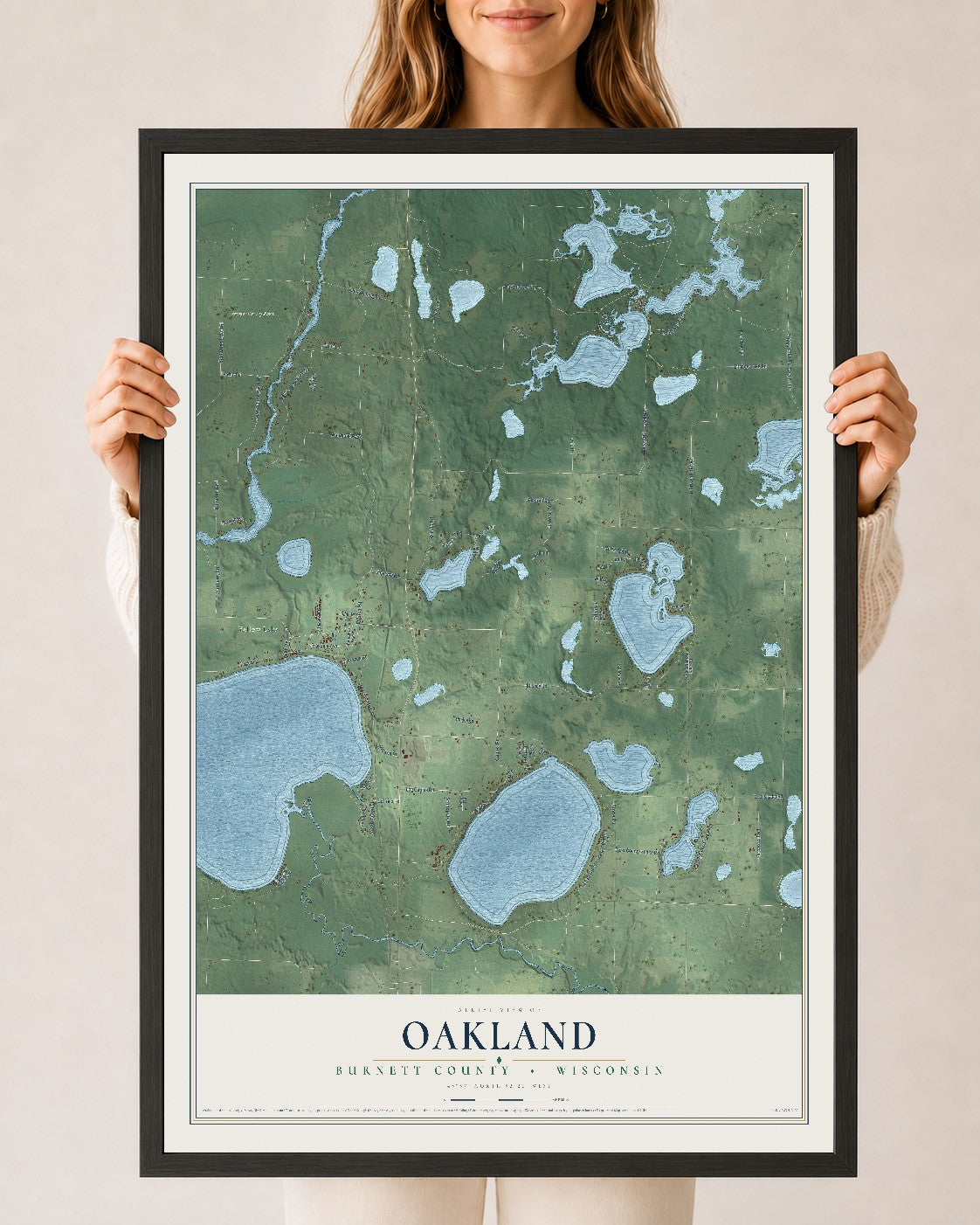 Map of Oakland, Burnett County, Wisconsin, 24 x 36 inch print in a black wood frame