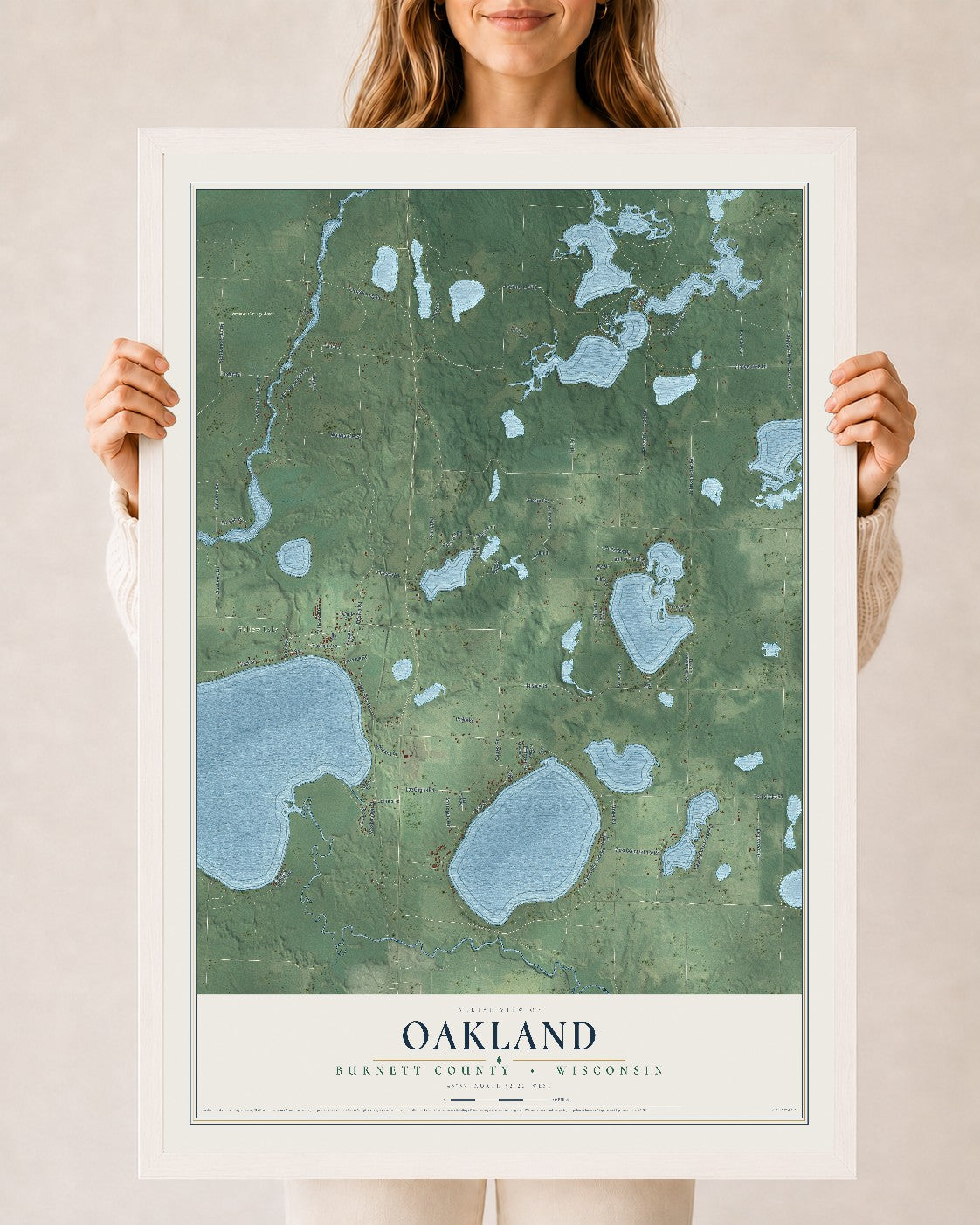 Map of Oakland, Burnett County, Wisconsin, 24 x 36 inch print in a white wood frame