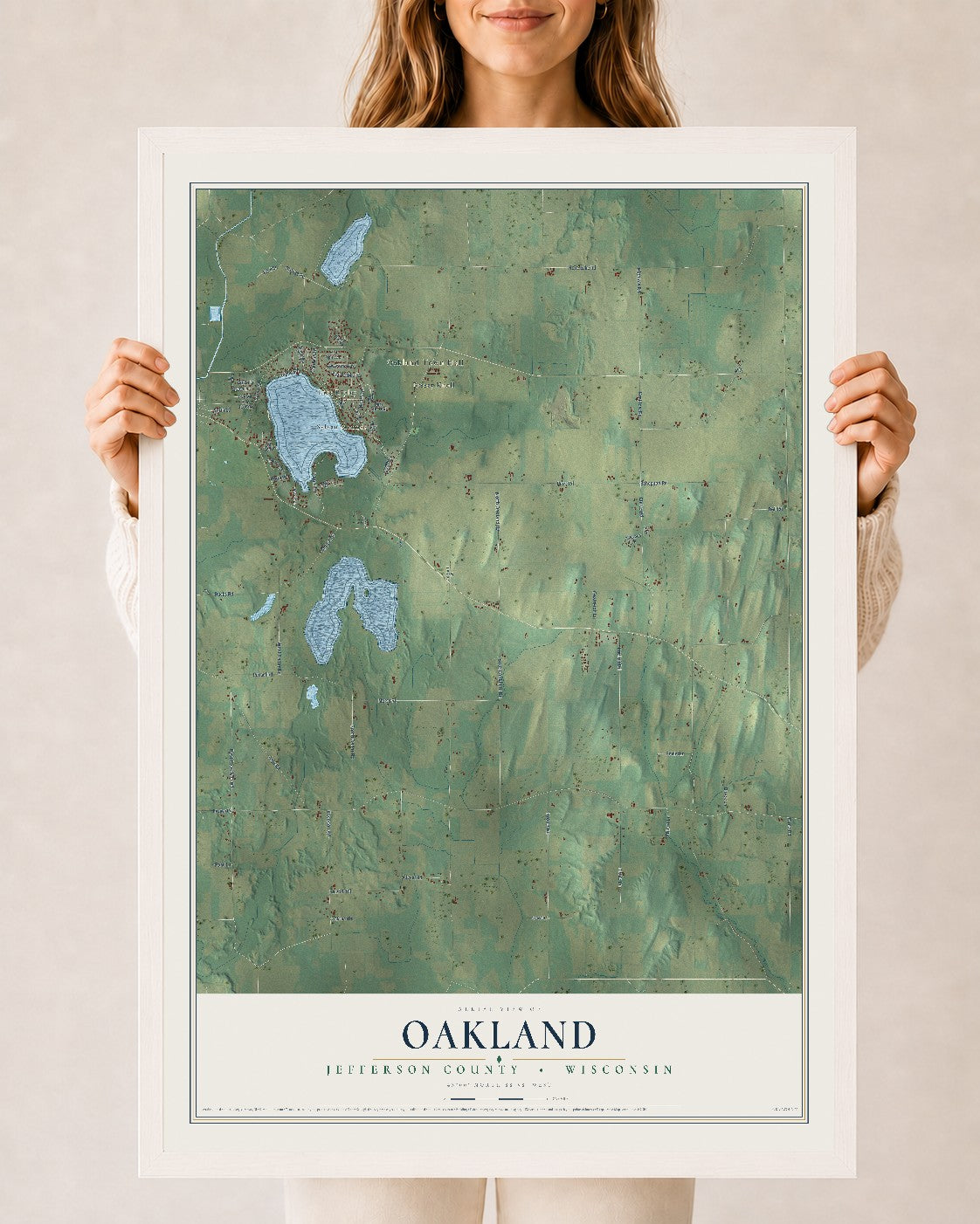 Map of Oakland, Jefferson County, Wisconsin, 24 x 36 inch print in a white wood frame
