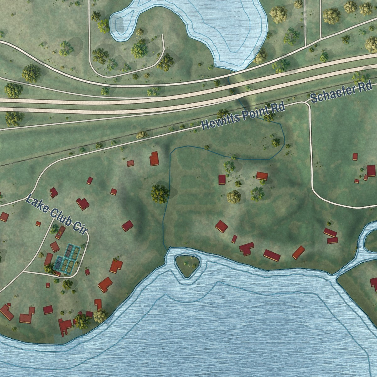 Second close-up of the map of Oconomowoc Lake, Wisconsin print showing more streets and buildings