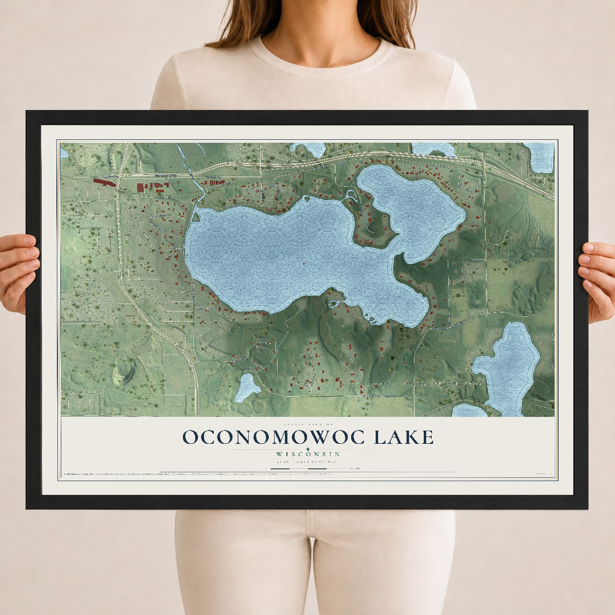 Map of Oconomowoc Lake, Wisconsin, 18 x 24 inch print in a black wood frame