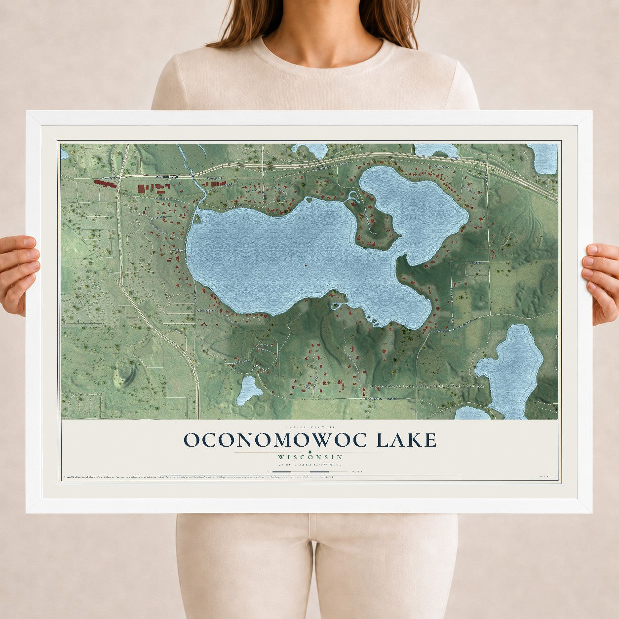 Map of Oconomowoc Lake, Wisconsin, 18 x 24 inch print in a white wood frame