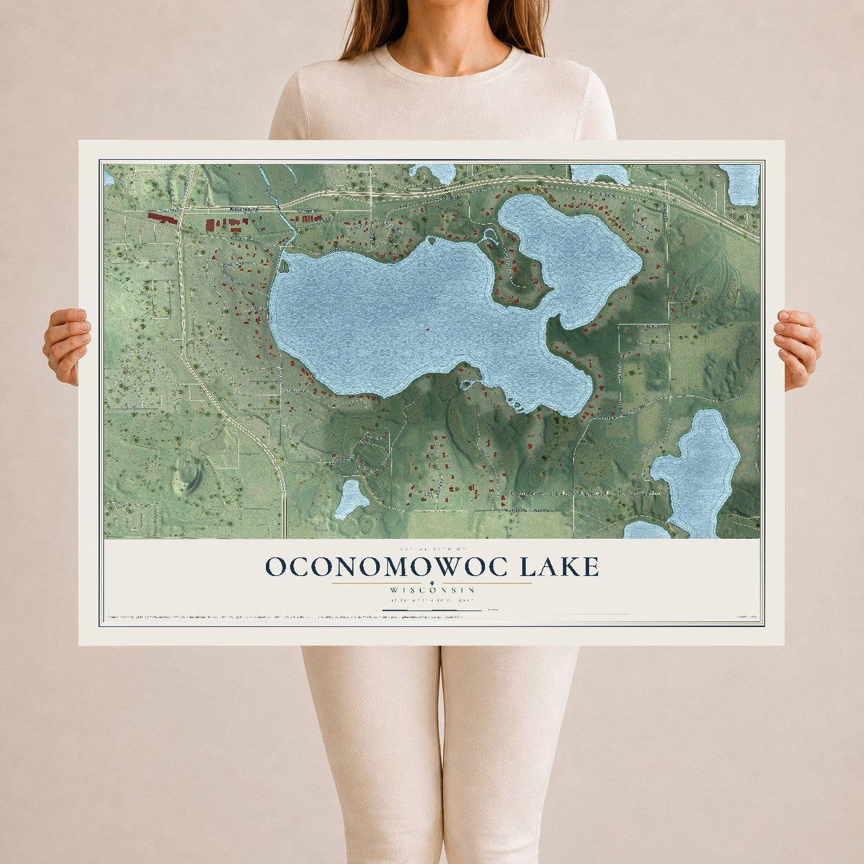 Map of Oconomowoc Lake, Wisconsin, 24 x 36 inch unframed archival matte print