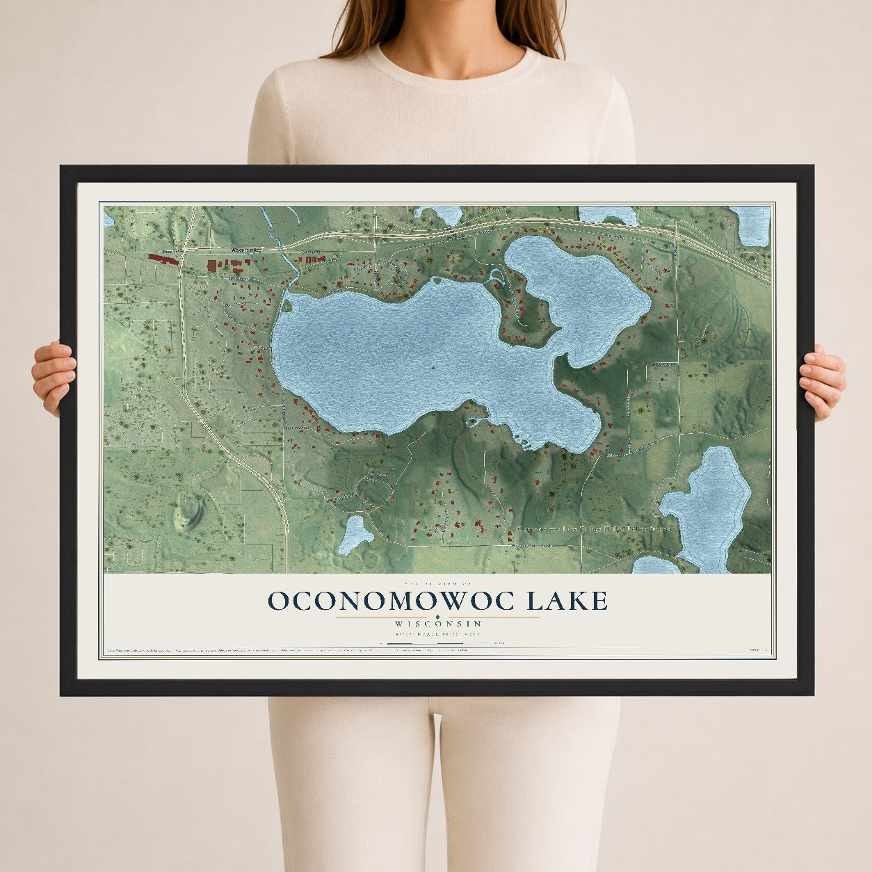Map of Oconomowoc Lake, Wisconsin, 24 x 36 inch print in a black wood frame