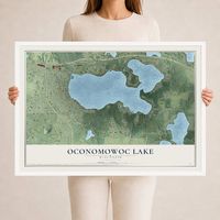 Map of Oconomowoc Lake, Wisconsin, 24 x 36 inch print in a white wood frame