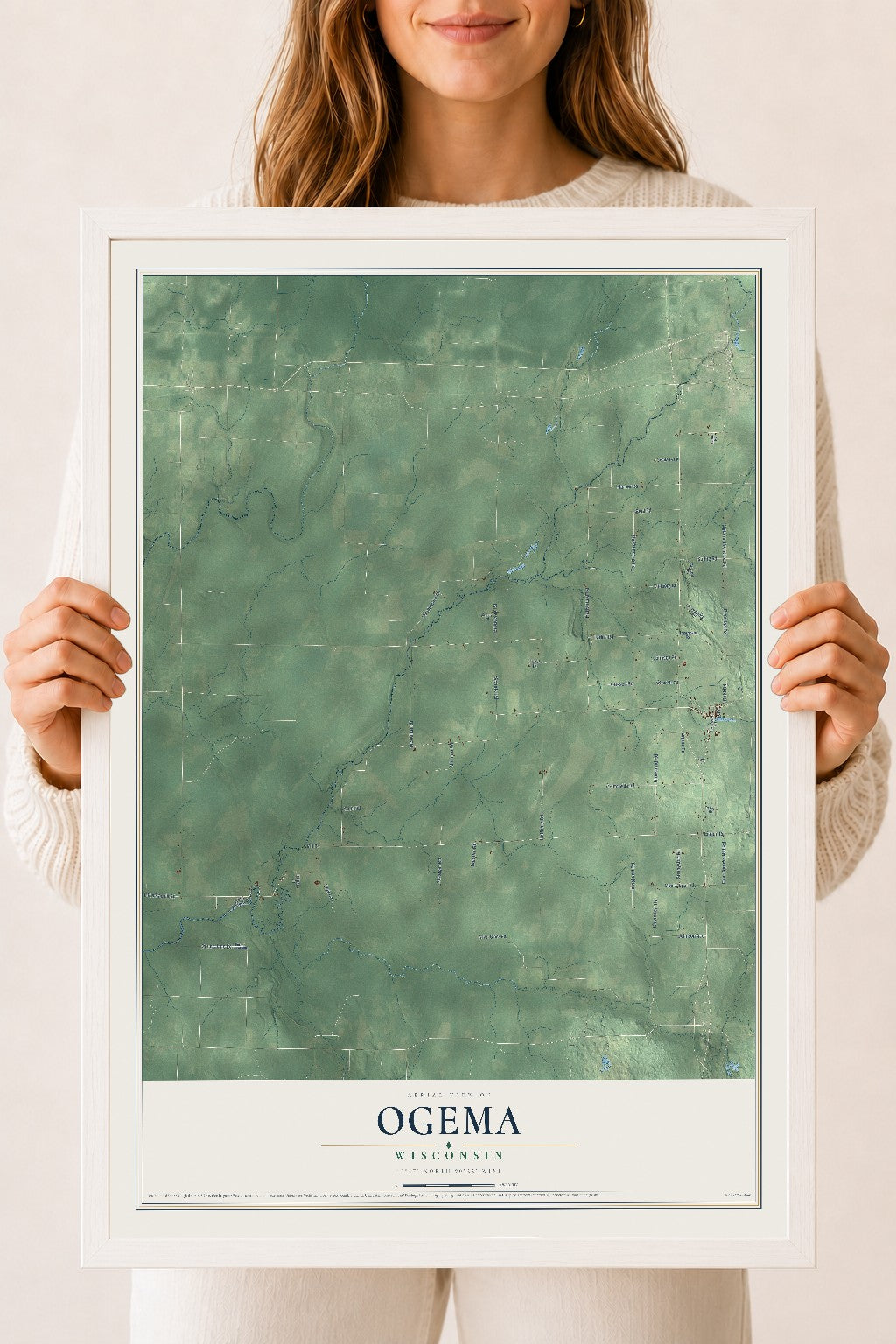 Map of Ogema, Wisconsin, 18 x 24 inch print in a white wood frame