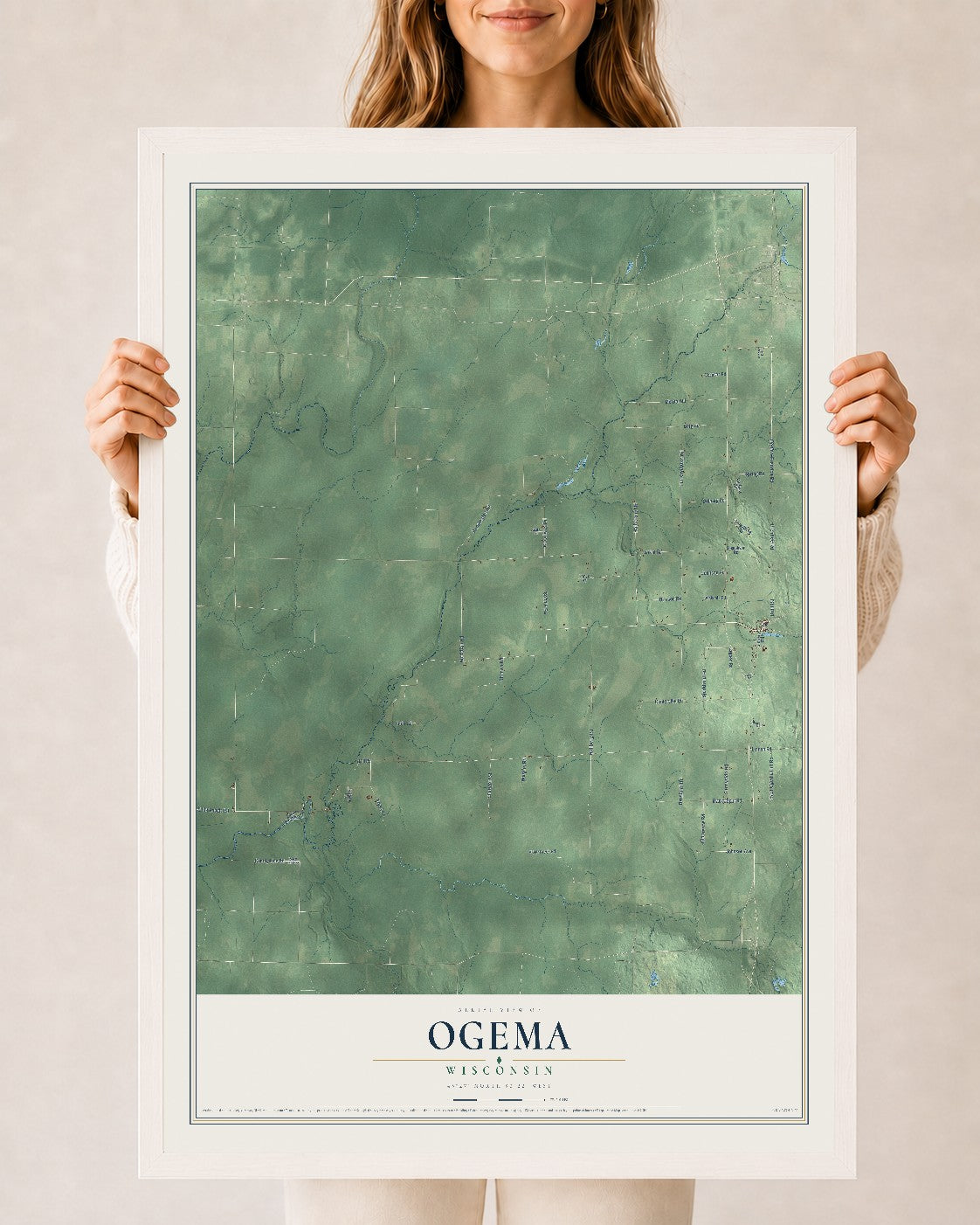 Map of Ogema, Wisconsin, 24 x 36 inch print in a white wood frame