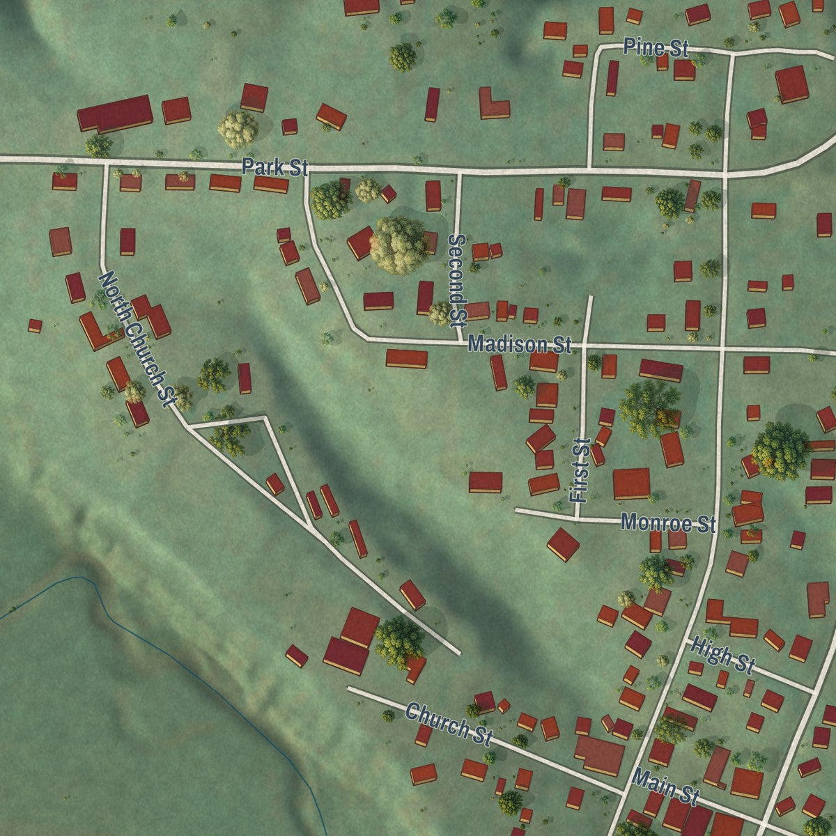Close-up of the map of Ontario, Wisconsin print showing street and building detail