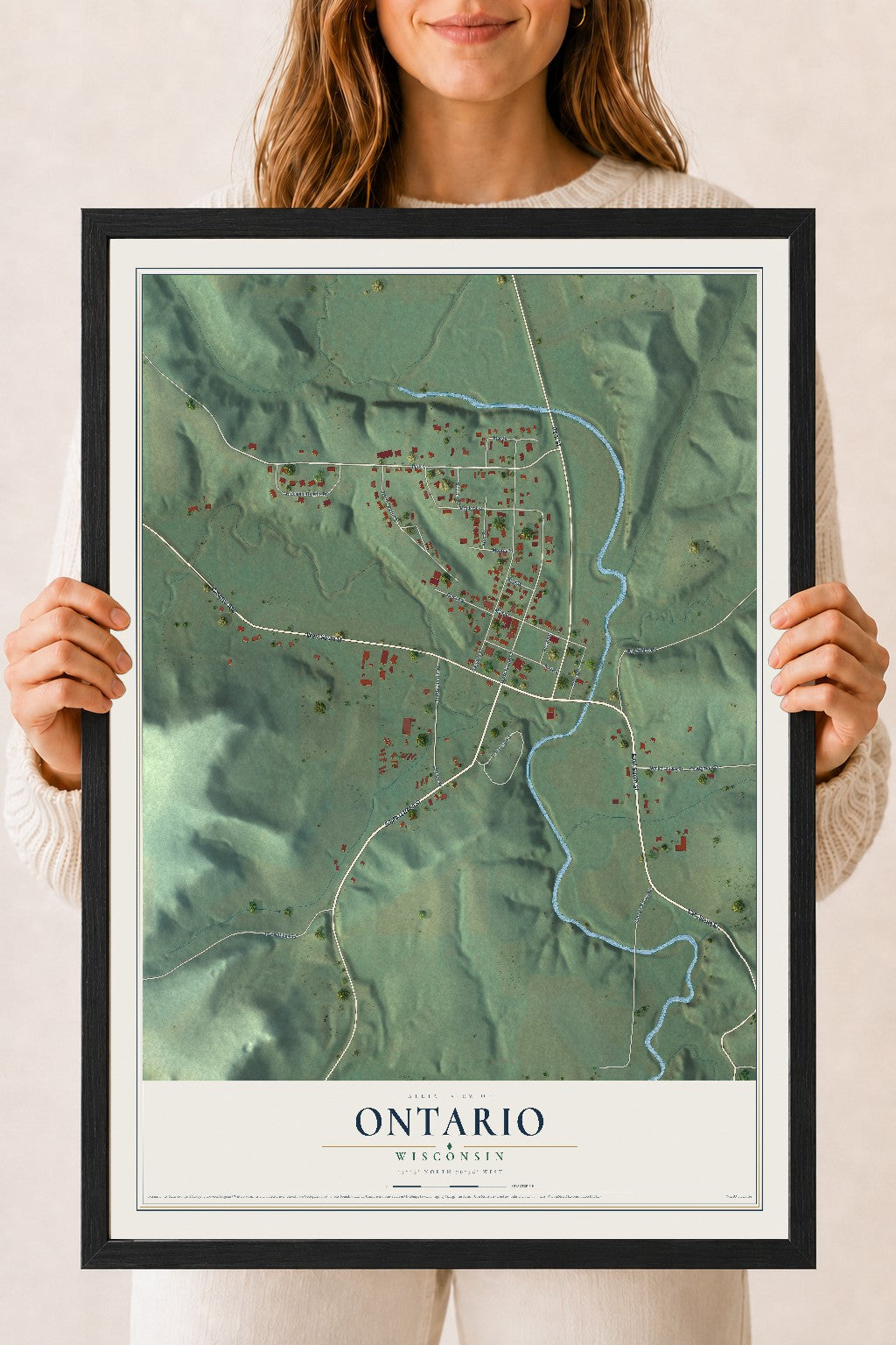 Map of Ontario, Wisconsin, 18 x 24 inch print in a black wood frame