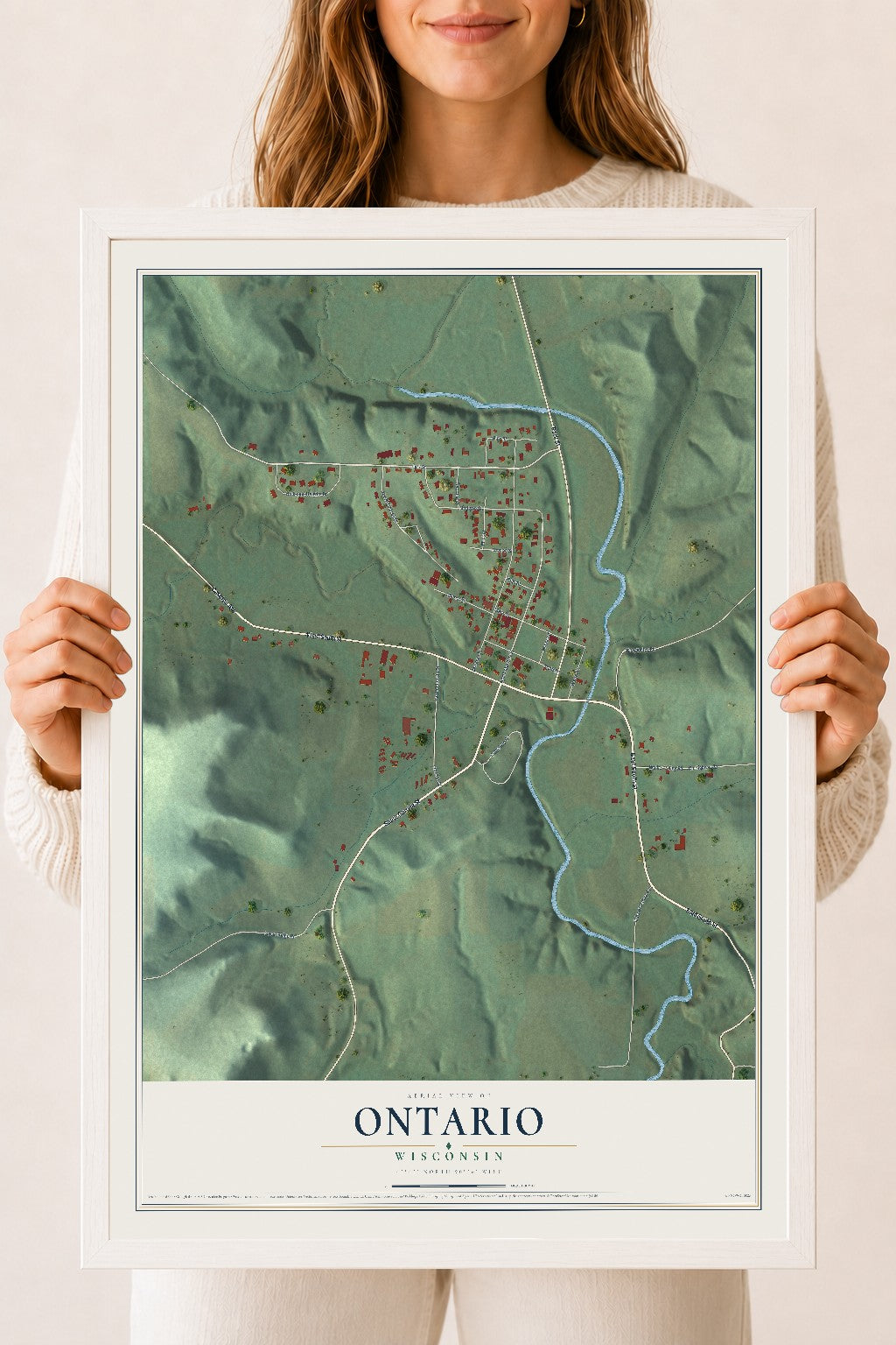 Map of Ontario, Wisconsin, 18 x 24 inch print in a white wood frame