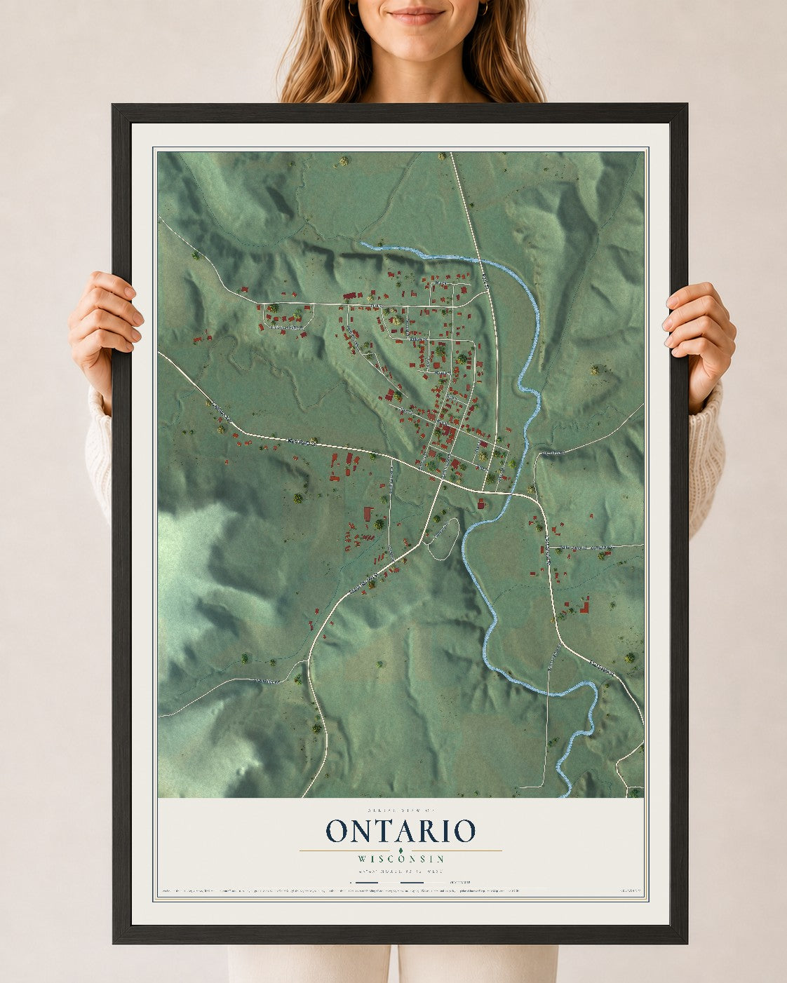 Map of Ontario, Wisconsin, 24 x 36 inch print in a black wood frame