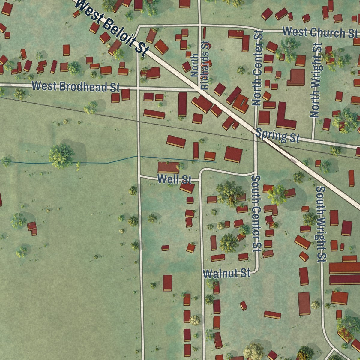 Close-up of the map of Orfordville, Wisconsin print showing street and building detail