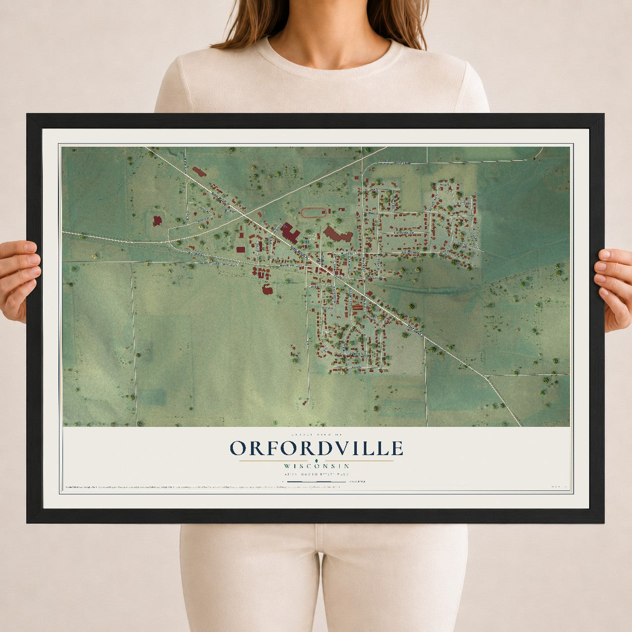 Map of Orfordville, Wisconsin, 18 x 24 inch print in a black wood frame
