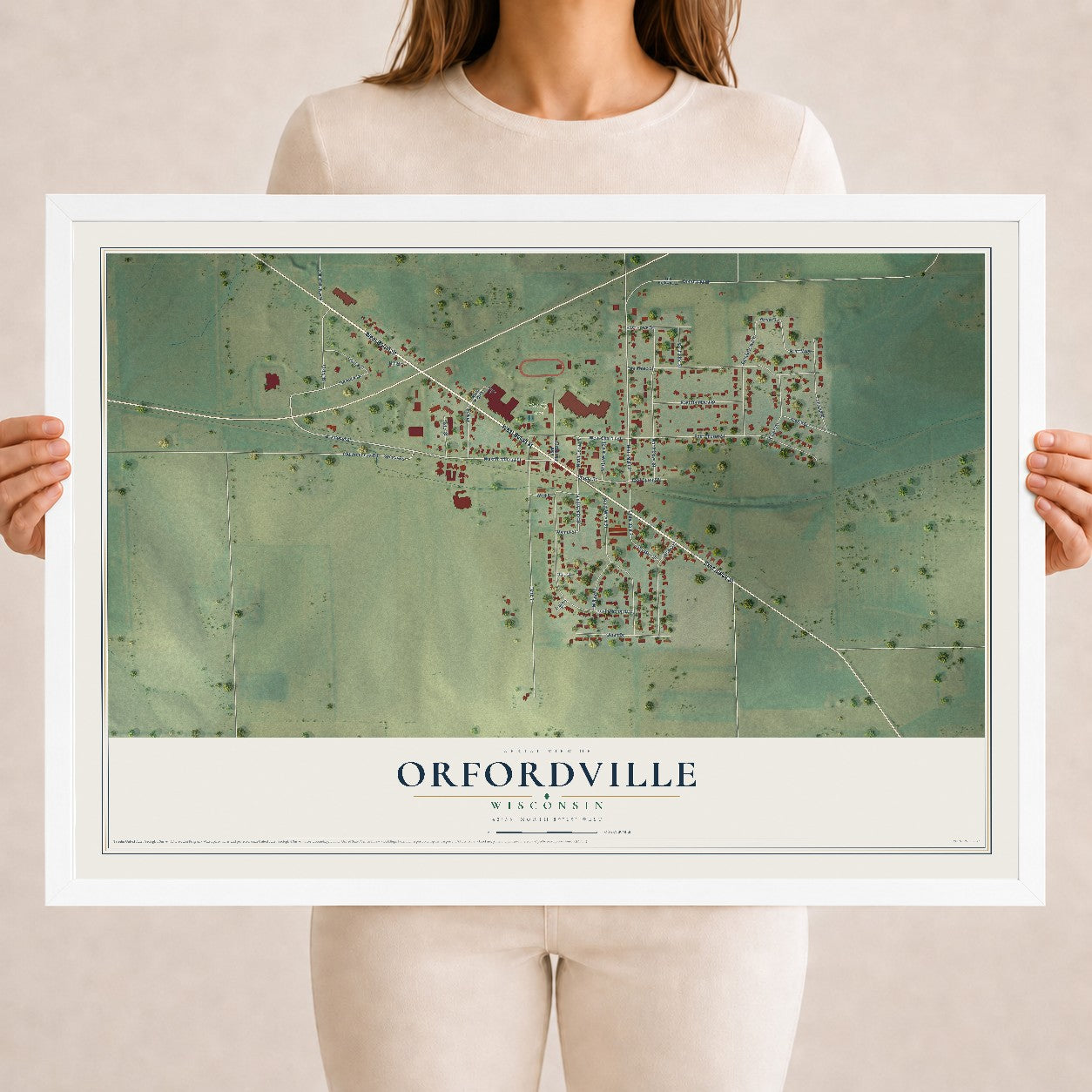 Map of Orfordville, Wisconsin, 18 x 24 inch print in a white wood frame