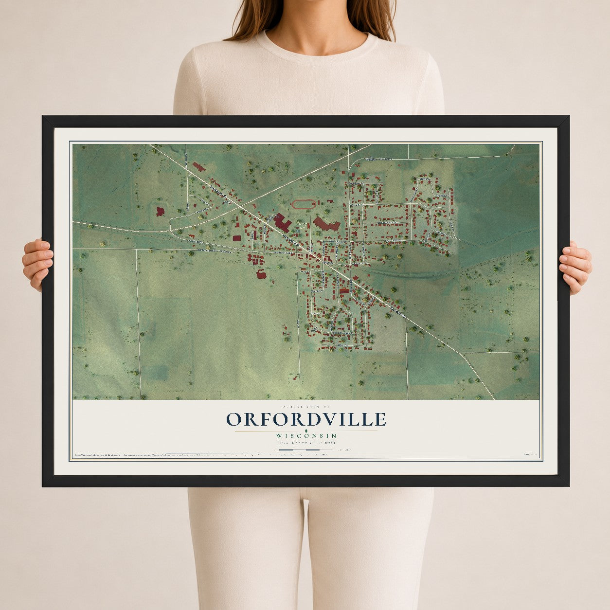 Map of Orfordville, Wisconsin, 24 x 36 inch print in a black wood frame