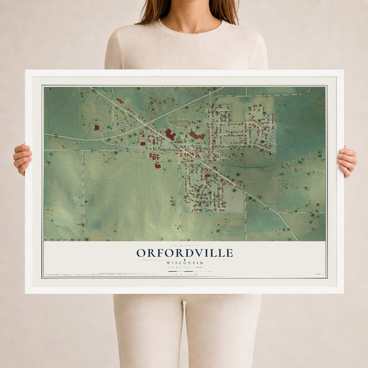 Map of Orfordville, Wisconsin, 24 x 36 inch print in a white wood frame