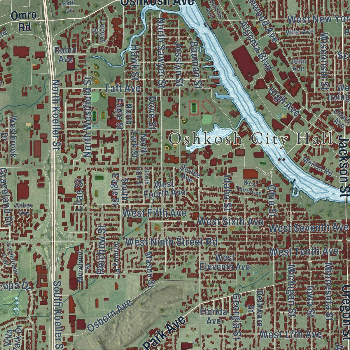 Close-up of the map of Oshkosh, Wisconsin print showing street and building detail