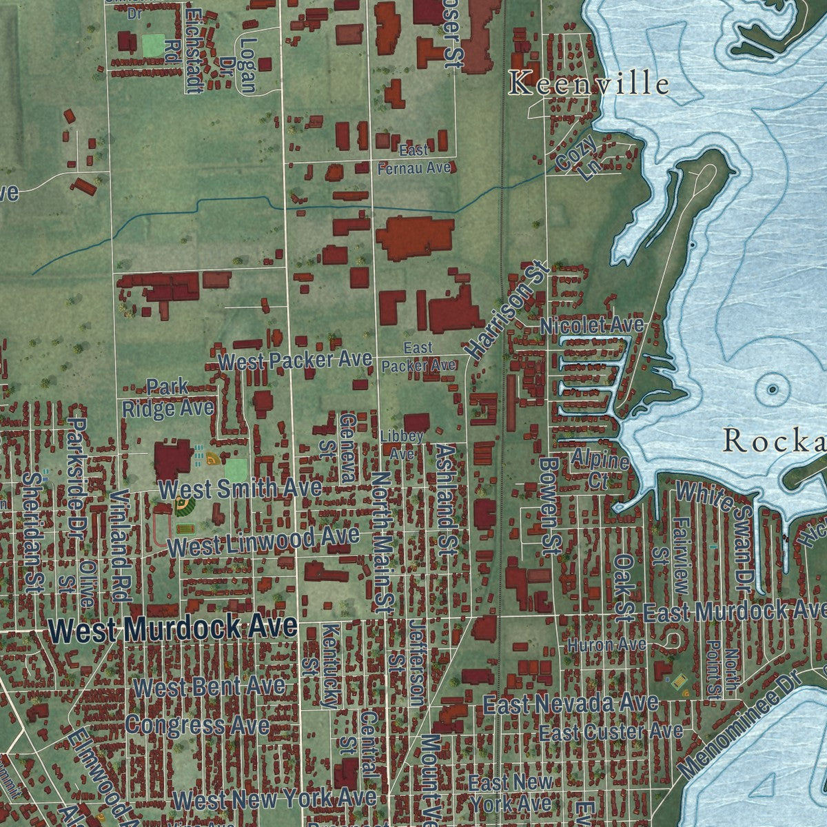 Second close-up of the map of Oshkosh, Wisconsin print showing more streets and buildings