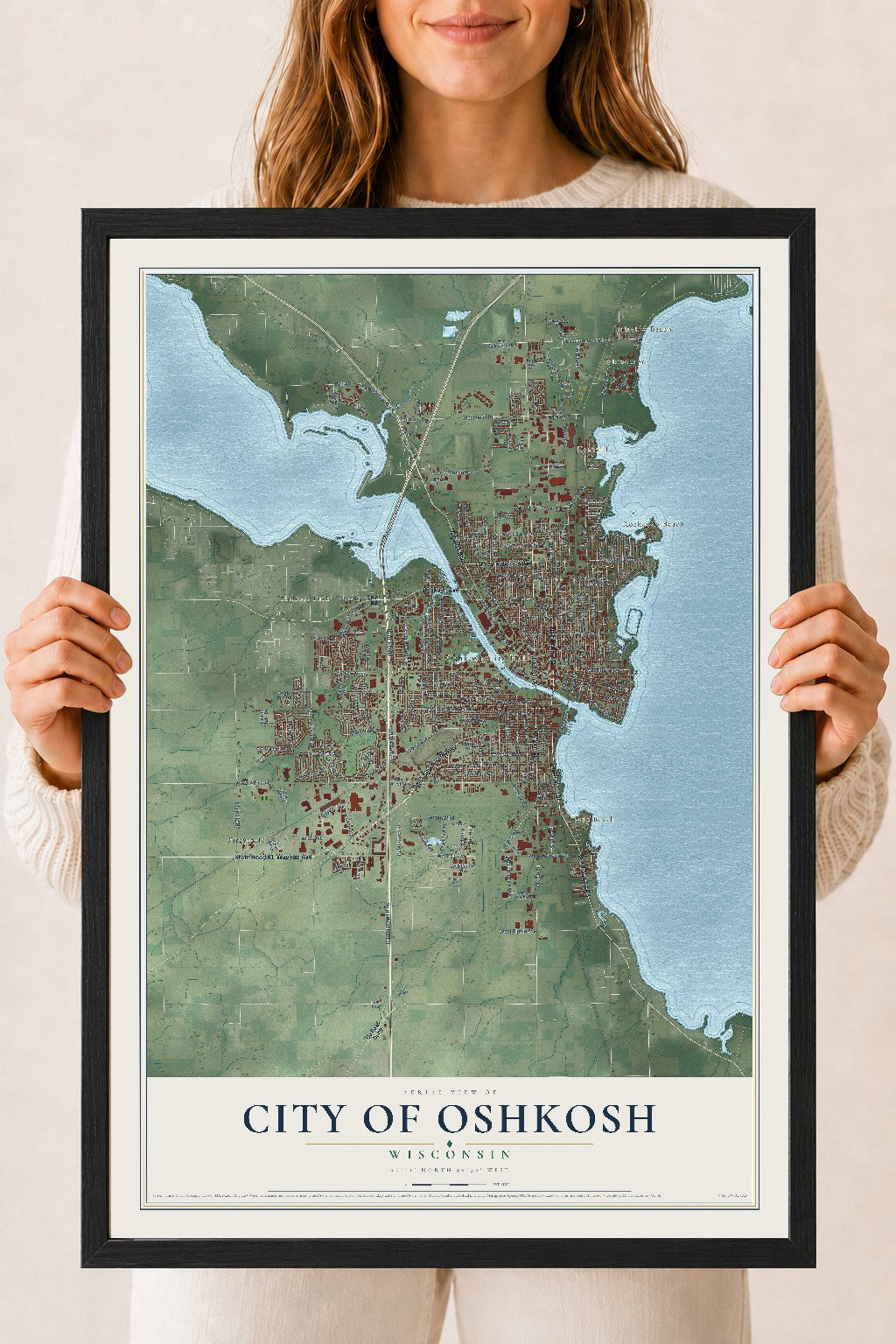 Map of Oshkosh, Wisconsin, 18 x 24 inch print in a black wood frame