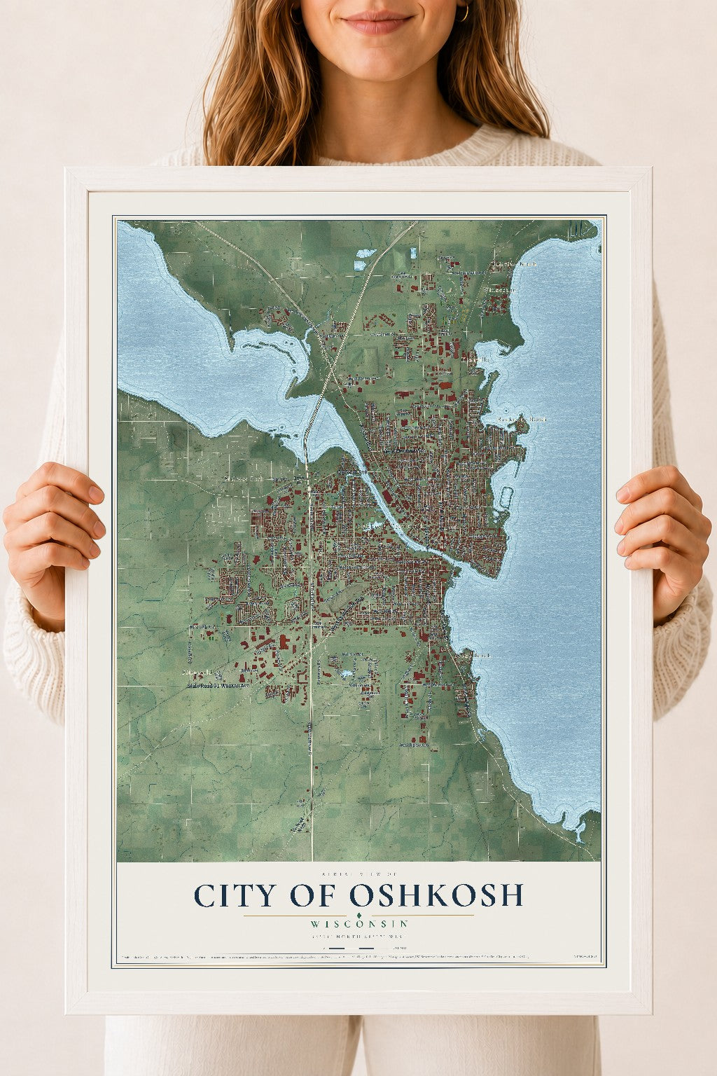 Map of Oshkosh, Wisconsin, 18 x 24 inch print in a white wood frame