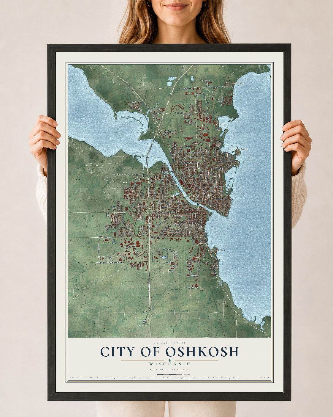 Map of Oshkosh, Wisconsin, 24 x 36 inch print in a black wood frame
