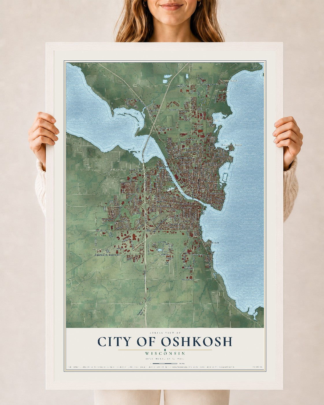 Map of Oshkosh, Wisconsin, 24 x 36 inch print in a white wood frame