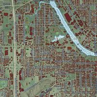 Close-up of the map of Oshkosh, Wisconsin print showing street and building detail