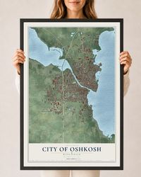 Map of Oshkosh, Wisconsin, 24 x 36 inch print in a black wood frame