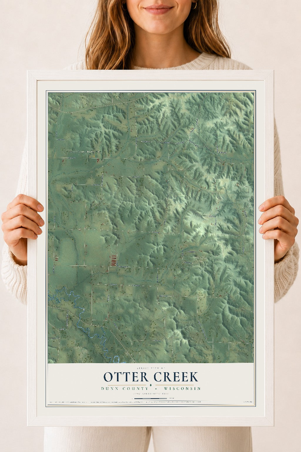 Map of Otter Creek, Dunn County, Wisconsin, 18 x 24 inch print in a white wood frame