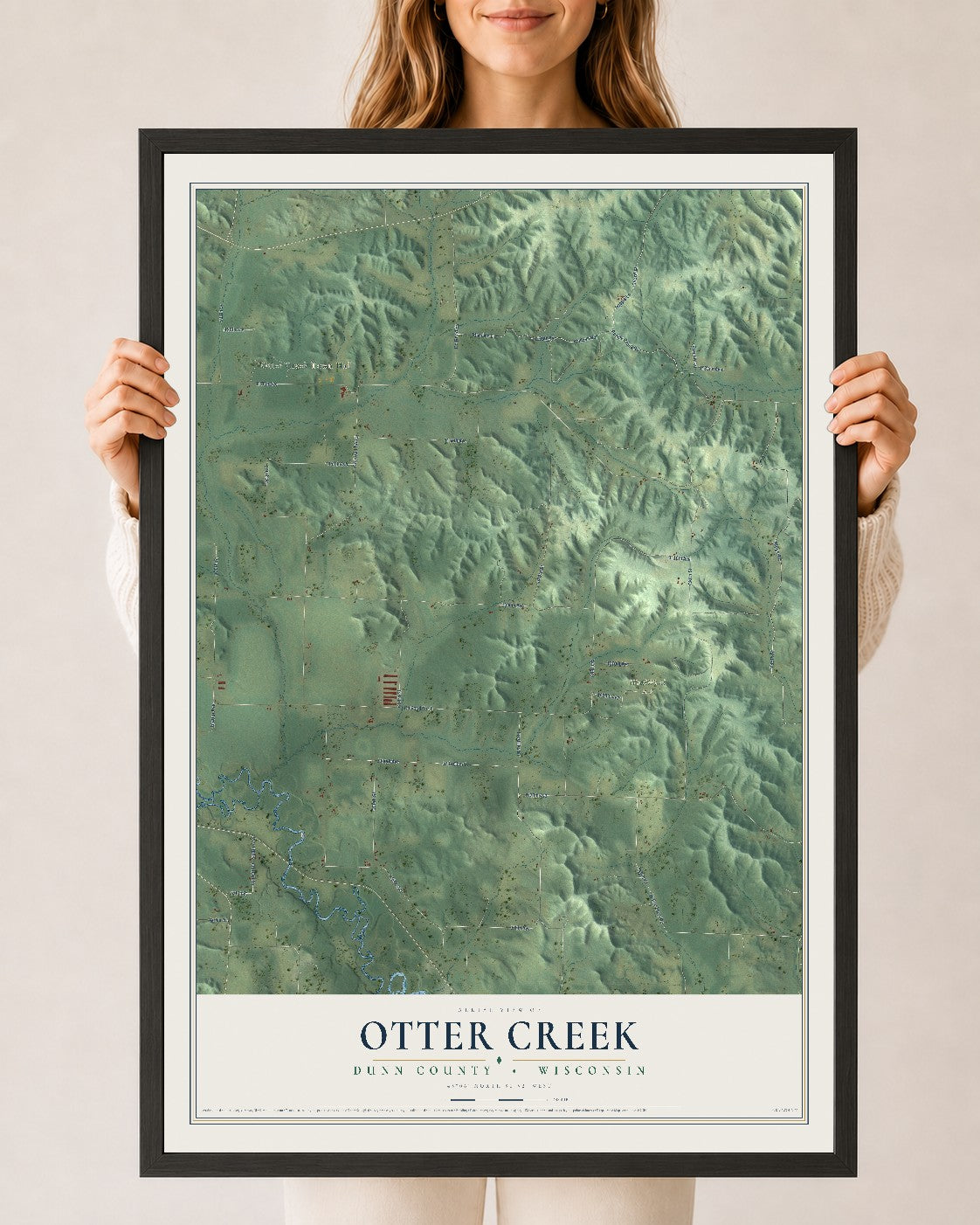Map of Otter Creek, Dunn County, Wisconsin, 24 x 36 inch print in a black wood frame