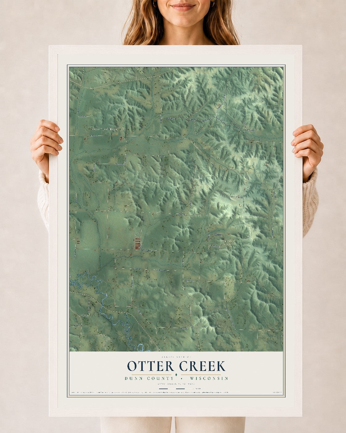 Map of Otter Creek, Dunn County, Wisconsin, 24 x 36 inch print in a white wood frame