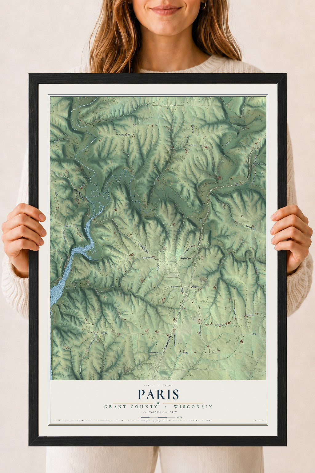 Map of Paris, Grant County, Wisconsin, 18 x 24 inch print in a black wood frame