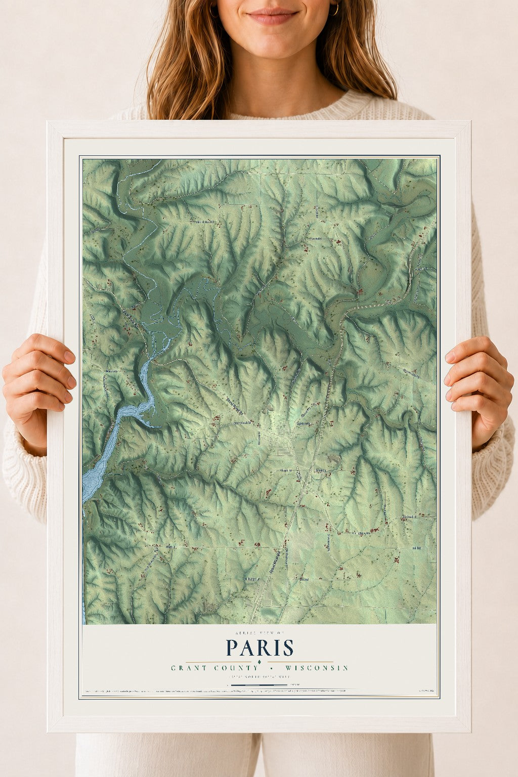 Map of Paris, Grant County, Wisconsin, 18 x 24 inch print in a white wood frame