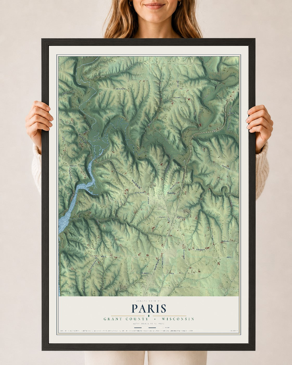 Map of Paris, Grant County, Wisconsin, 24 x 36 inch print in a black wood frame