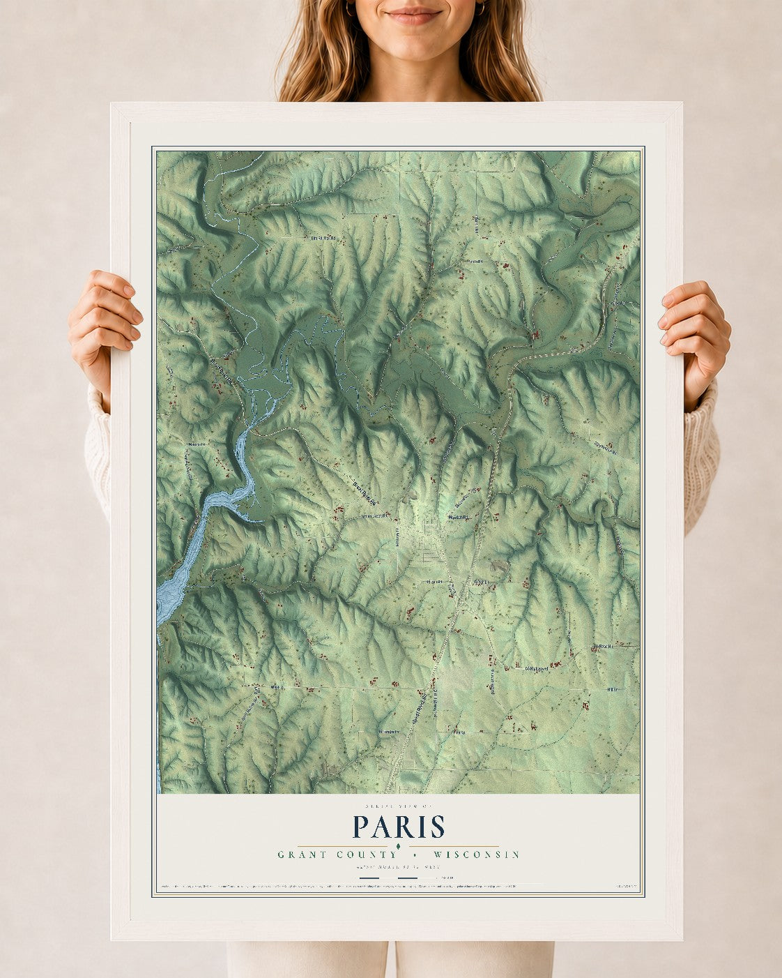 Map of Paris, Grant County, Wisconsin, 24 x 36 inch print in a white wood frame