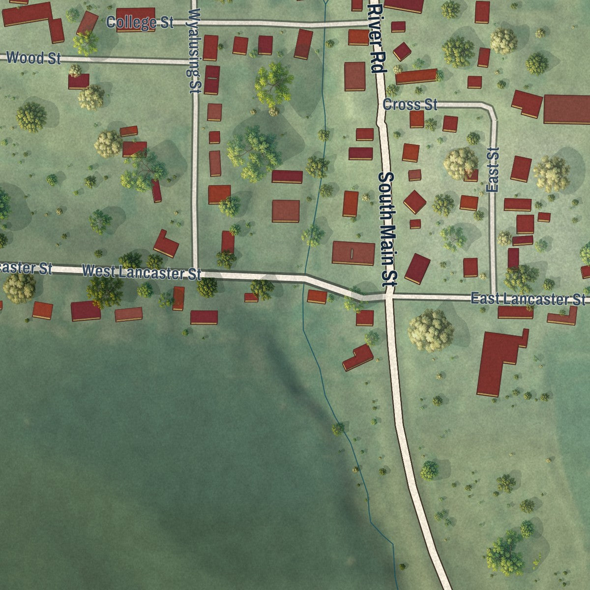 Close-up of the map of Patch Grove, Wisconsin print showing street and building detail
