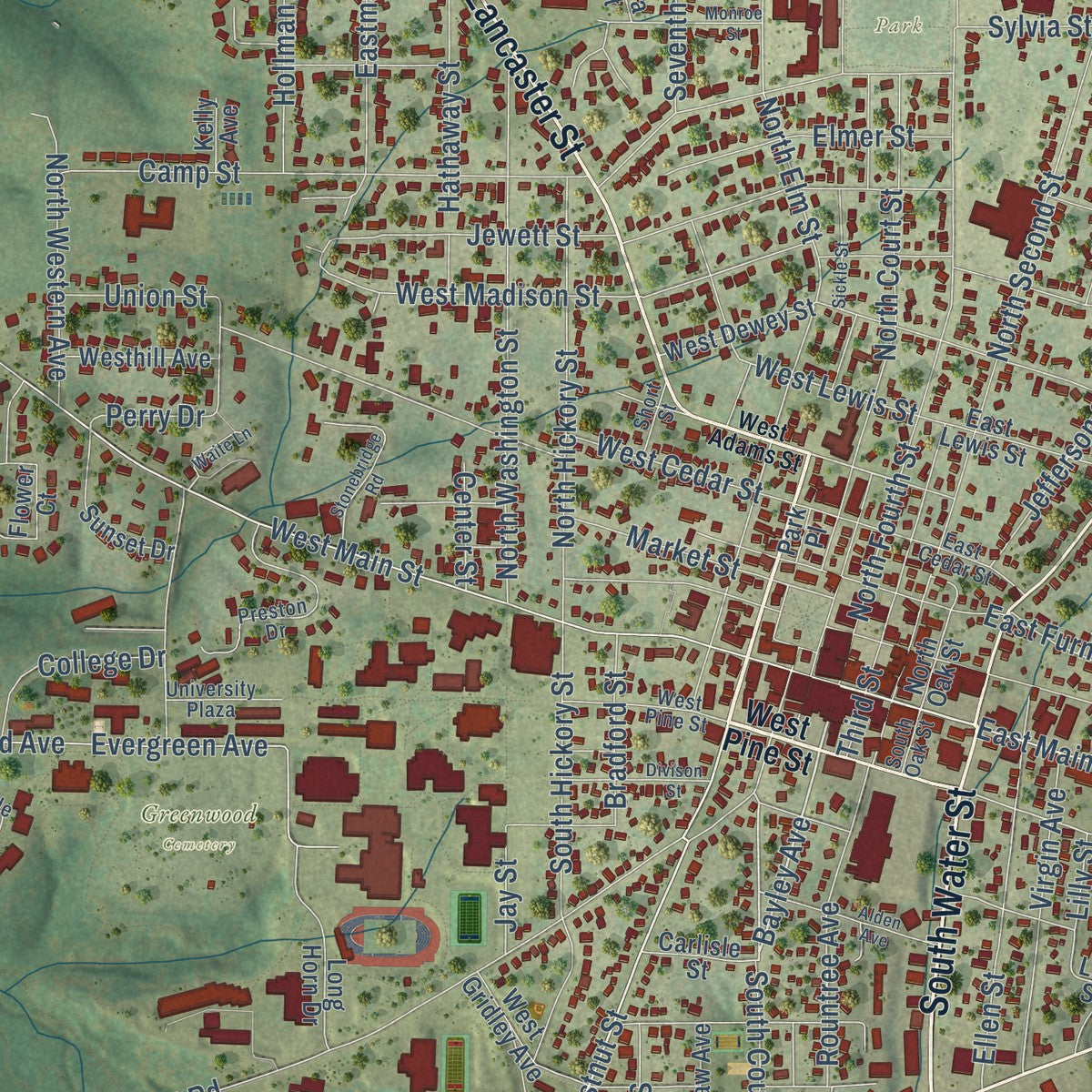 Close-up of the map of Platteville, Wisconsin print showing street and building detail