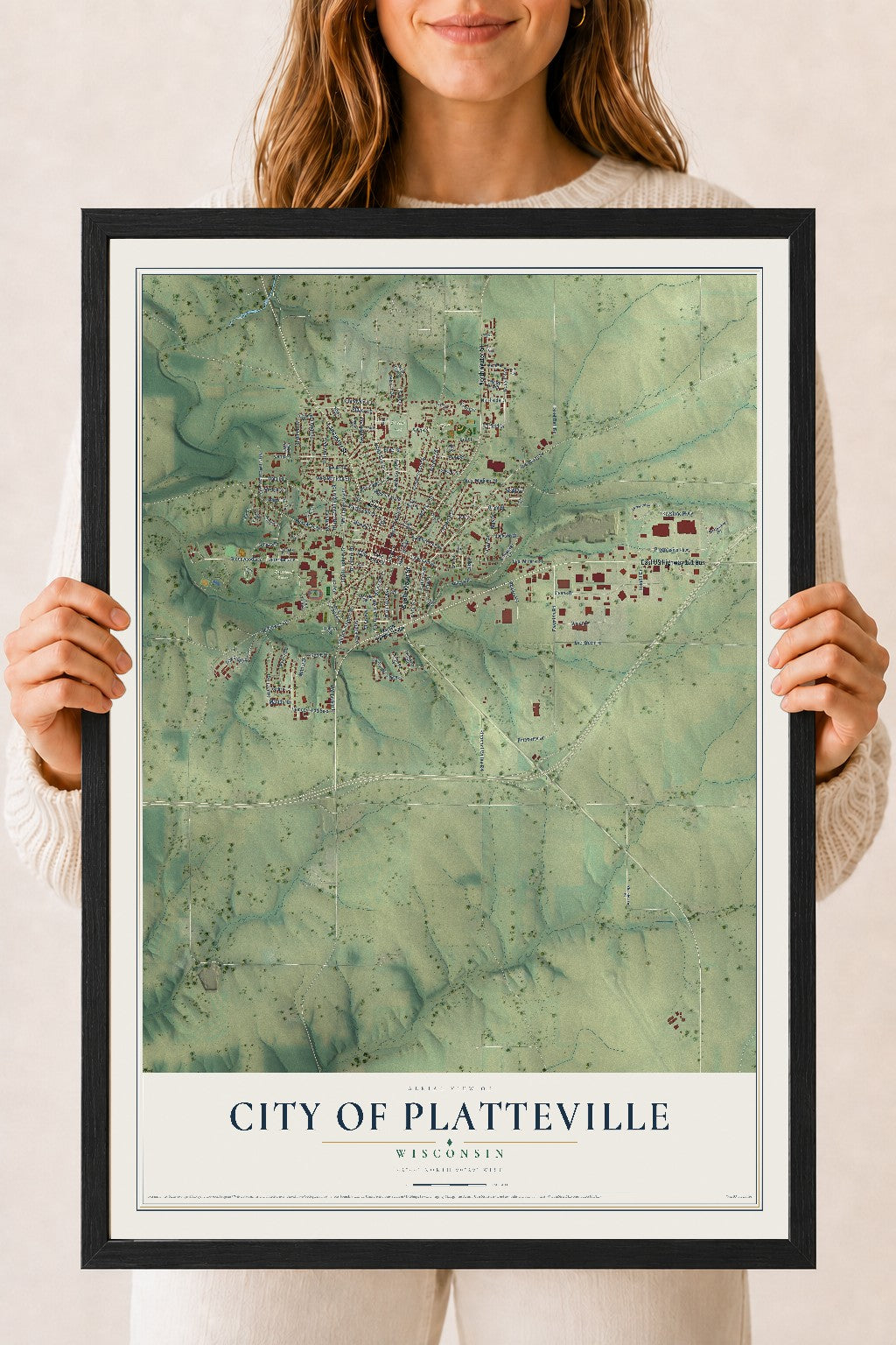 Map of Platteville, Wisconsin, 18 x 24 inch print in a black wood frame