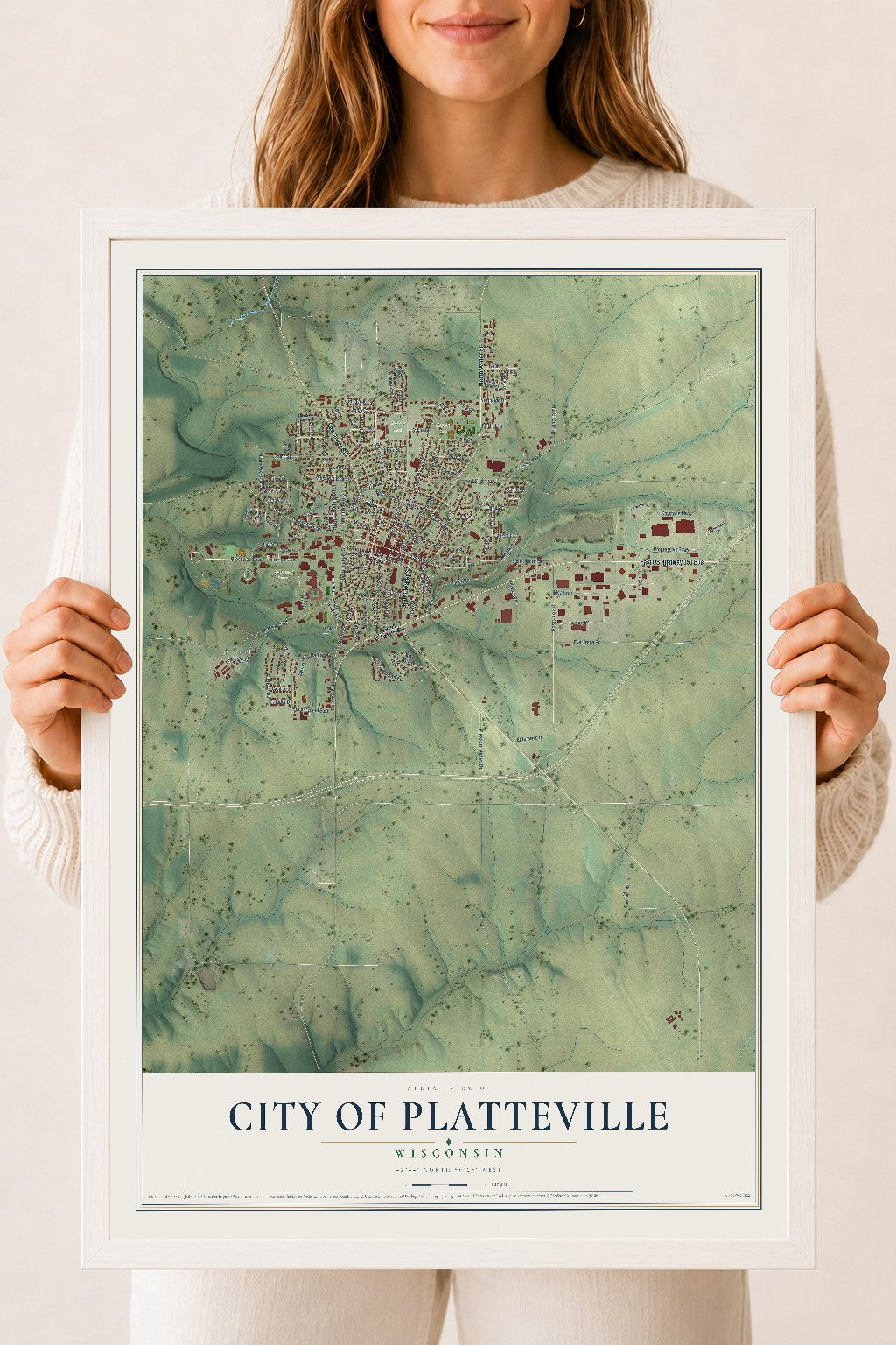Map of Platteville, Wisconsin, 18 x 24 inch print in a white wood frame