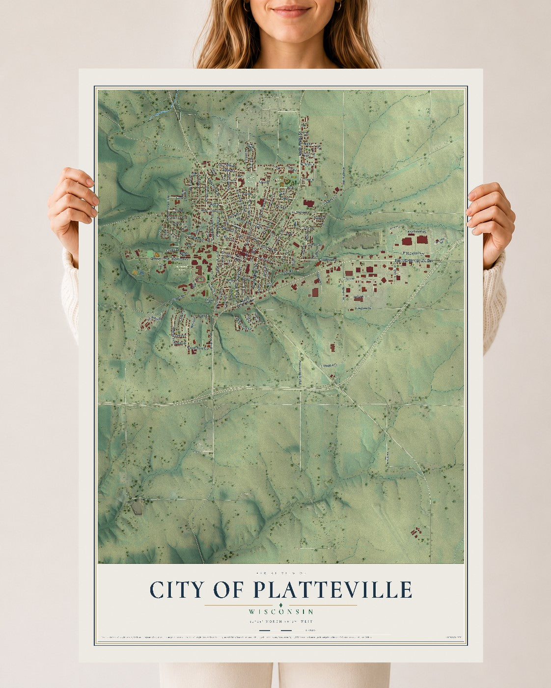 Map of Platteville, Wisconsin, 24 x 36 inch unframed archival matte print