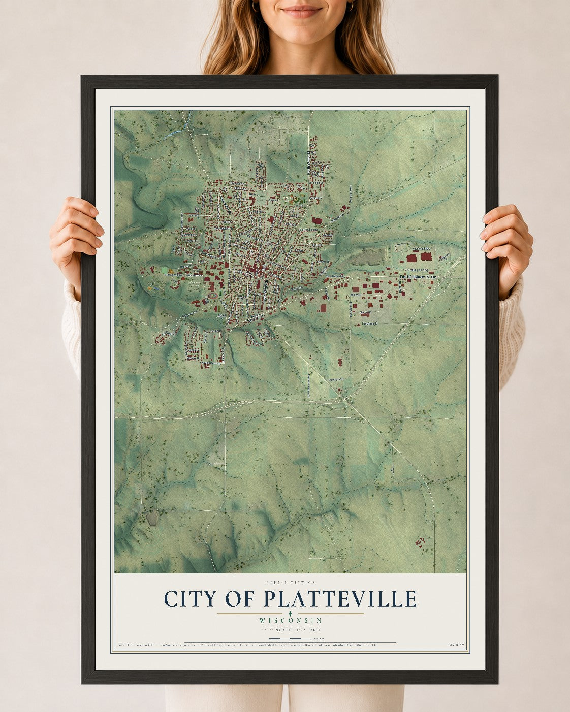 Map of Platteville, Wisconsin, 24 x 36 inch print in a black wood frame