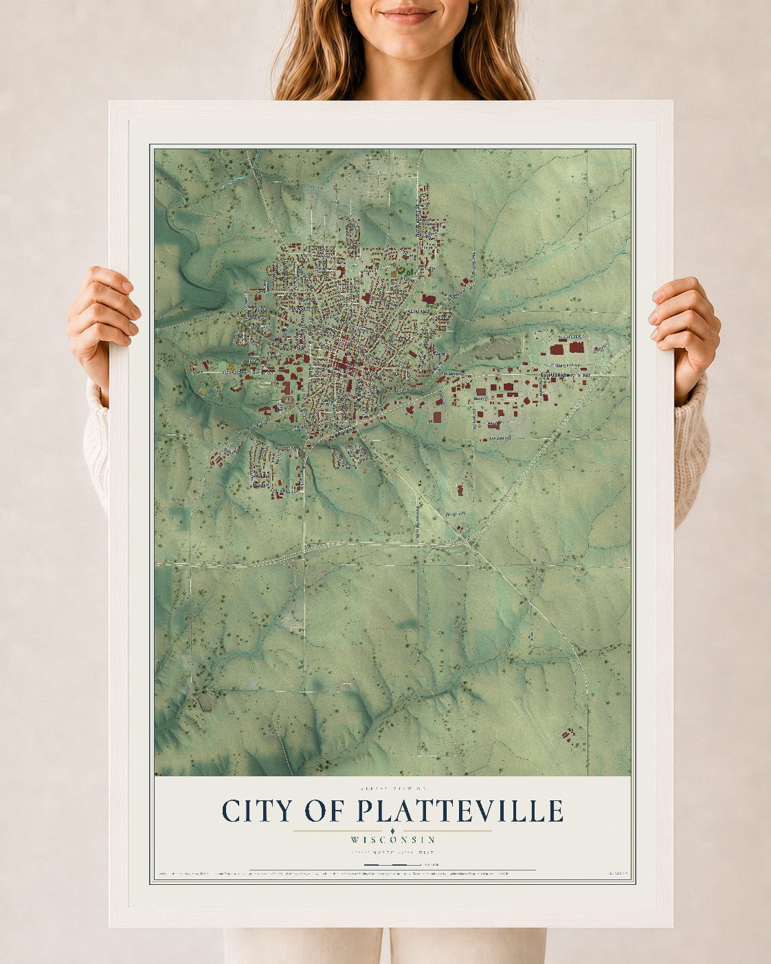 Map of Platteville, Wisconsin, 24 x 36 inch print in a white wood frame