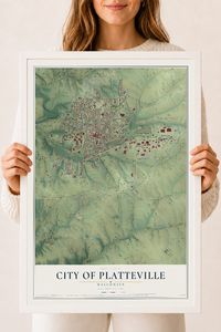 Map of Platteville, Wisconsin, 18 x 24 inch print in a white wood frame