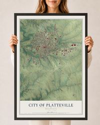 Map of Platteville, Wisconsin, 24 x 36 inch print in a black wood frame