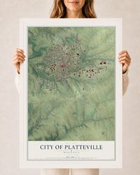 Map of Platteville, Wisconsin, 24 x 36 inch print in a white wood frame