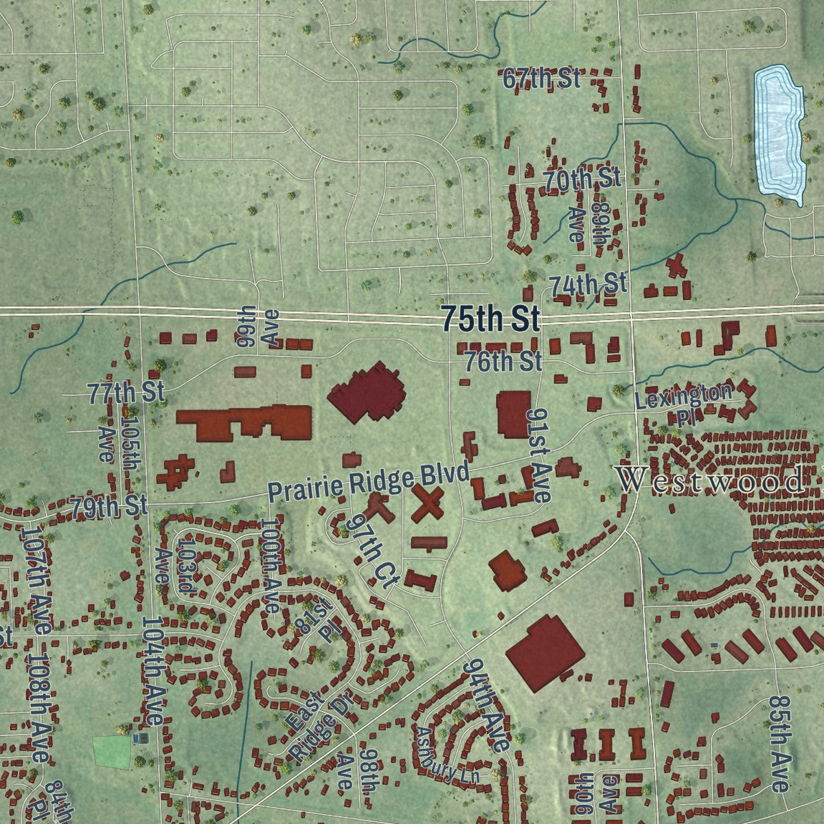 Close-up of the map of Pleasant Prairie, Wisconsin print showing street and building detail